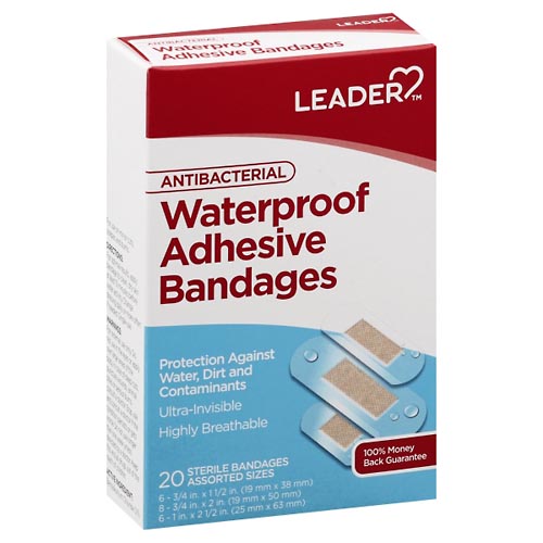 Image for Leader Adhesive Bandages, Antibacterial, Waterproof, Assorted Sizes,20ea from Acton pharmacy