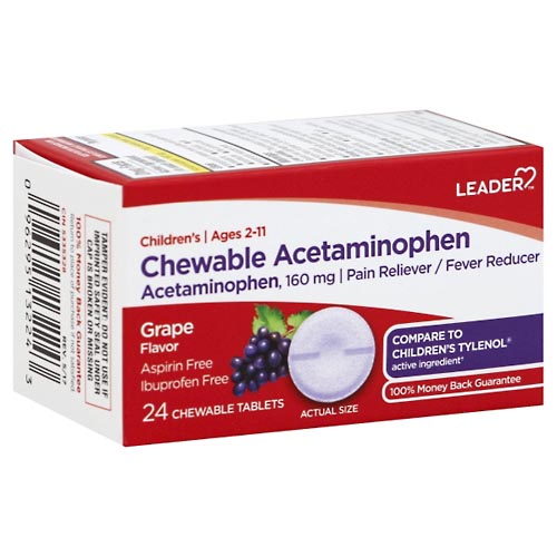 Image for Leader Chewable Acetaminophen, Children, Chewable Tablets, Grape Flavor,24ea from Acton pharmacy
