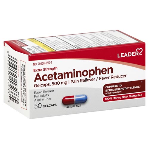 Image for Leader Acetaminophen, Extra Strength, 500 mg, Gelcaps,50ea from Acton pharmacy