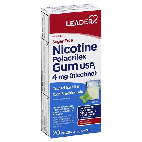 Image for Leader Nicotine Polacrilex Gum, 4 mg, Coated Ice Mint,20ea from Acton pharmacy