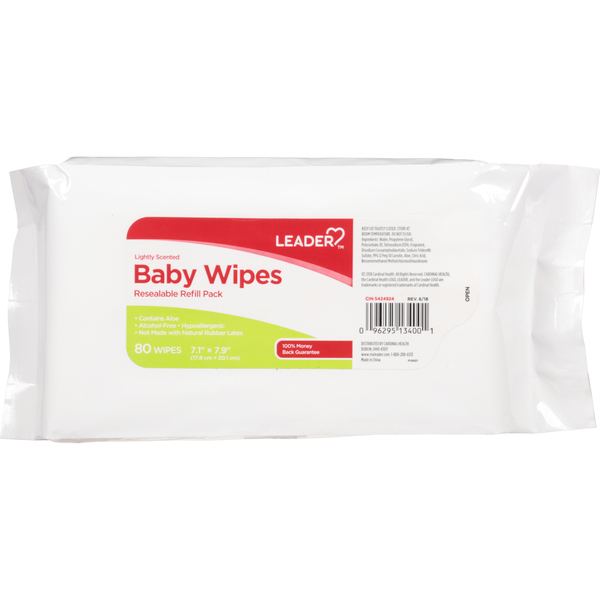 Image for Leader Baby Wipes, Lightly Scented, Resealable, Refill Pack, 80ea from Acton pharmacy