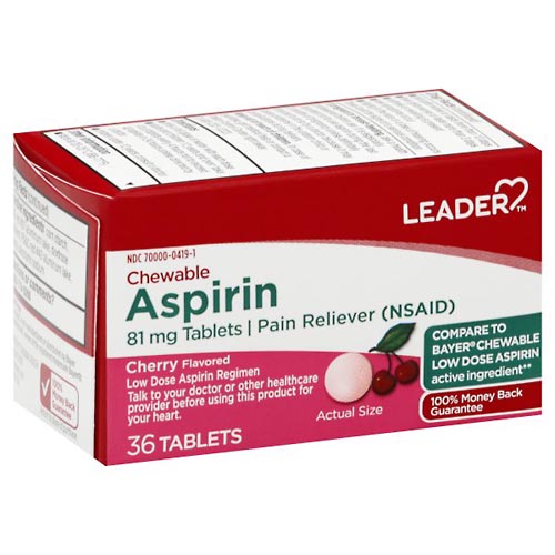 Image for Leader Aspirin, 81 mg, Chewable, Tablets, Cherry Flavored,36ea from Acton pharmacy