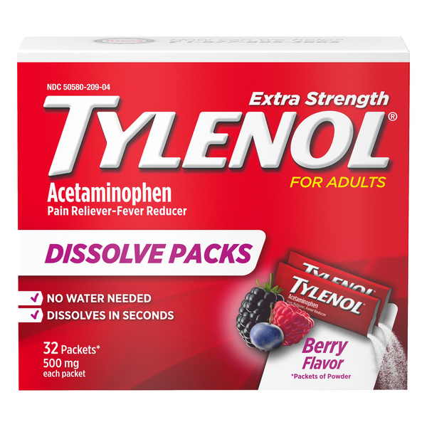 Image for Tylenol Acetaminophen, for Adults, Extra Strength, 500 mg, Berry Flavor, Dissolve Packs,32ea from Acton pharmacy