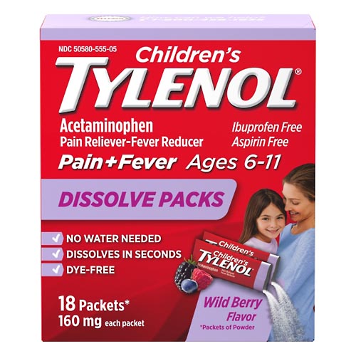 Image for Tylenol Pain + Fever, Children's, 160 mg, Packets, Wild Berry Flavor, Dissolve Packs,18ea from Acton pharmacy